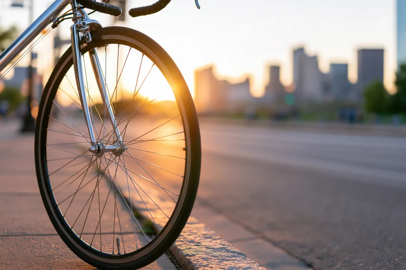 Road bicycle parked on city sidewalk curb at sunset with skyline in background