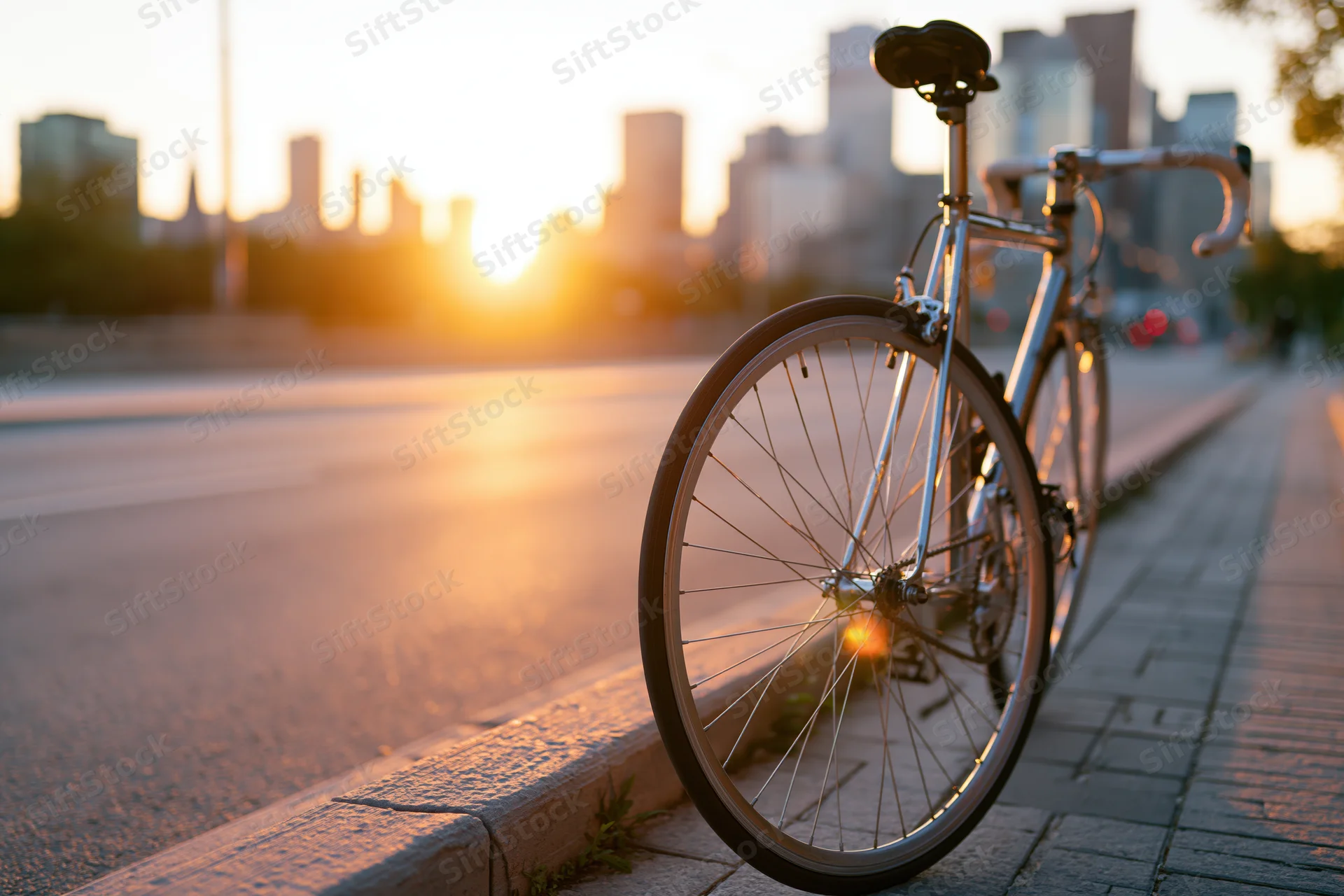 Road bicycle leaning on city sidewalk curb at sunset with skyline in background