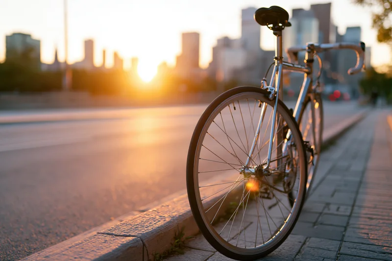 Road bicycle leaning on city sidewalk curb at sunset with skyline in background