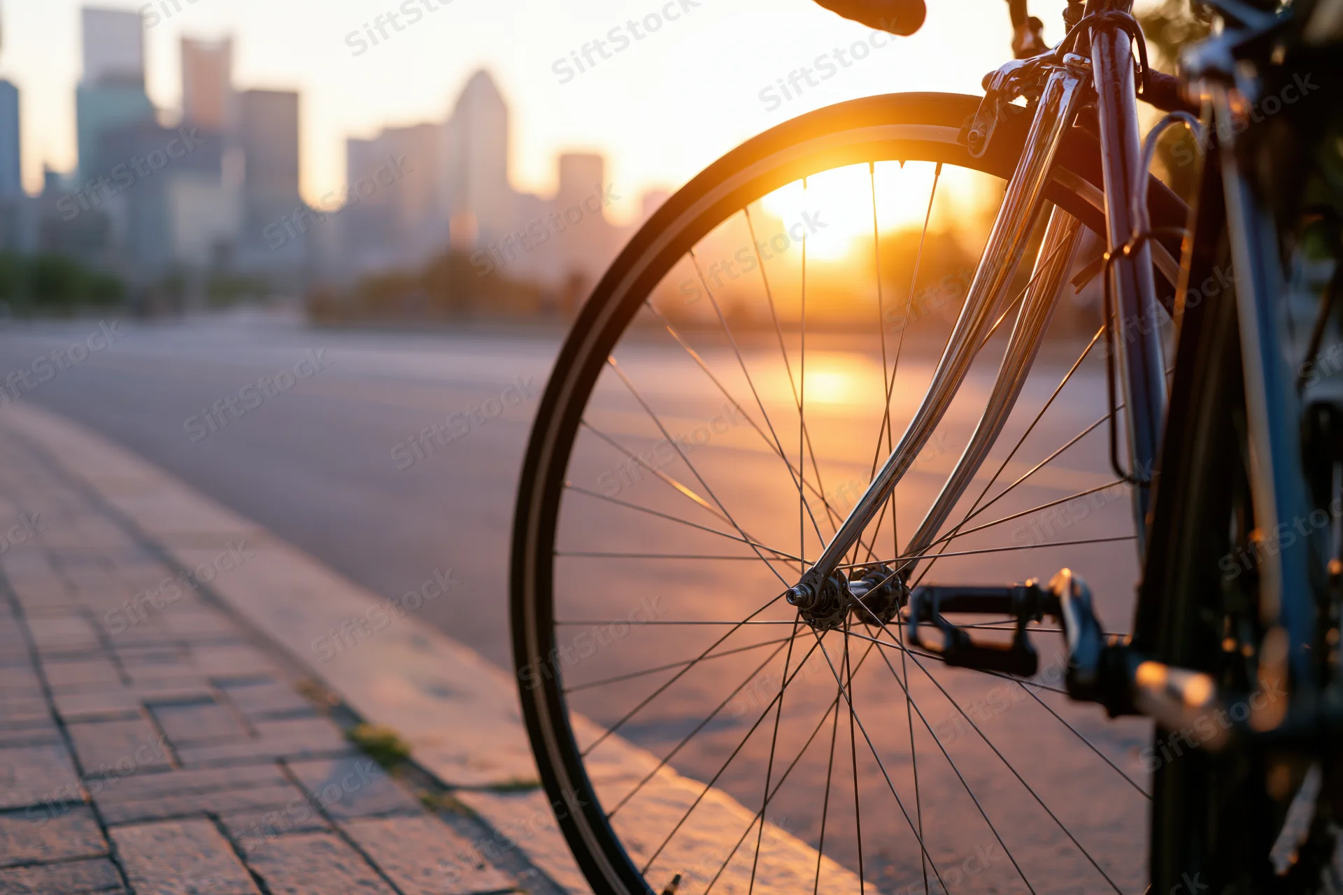 Bicycle parked on city sidewalk curb at sunset with skyline in background