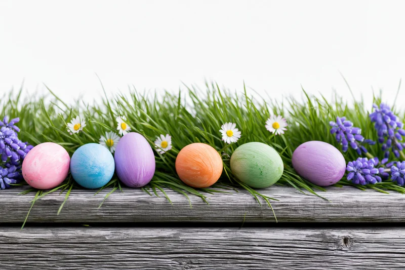 Colorful painted easter eggs arranged in a row on green grass with flowers on a wooden plank