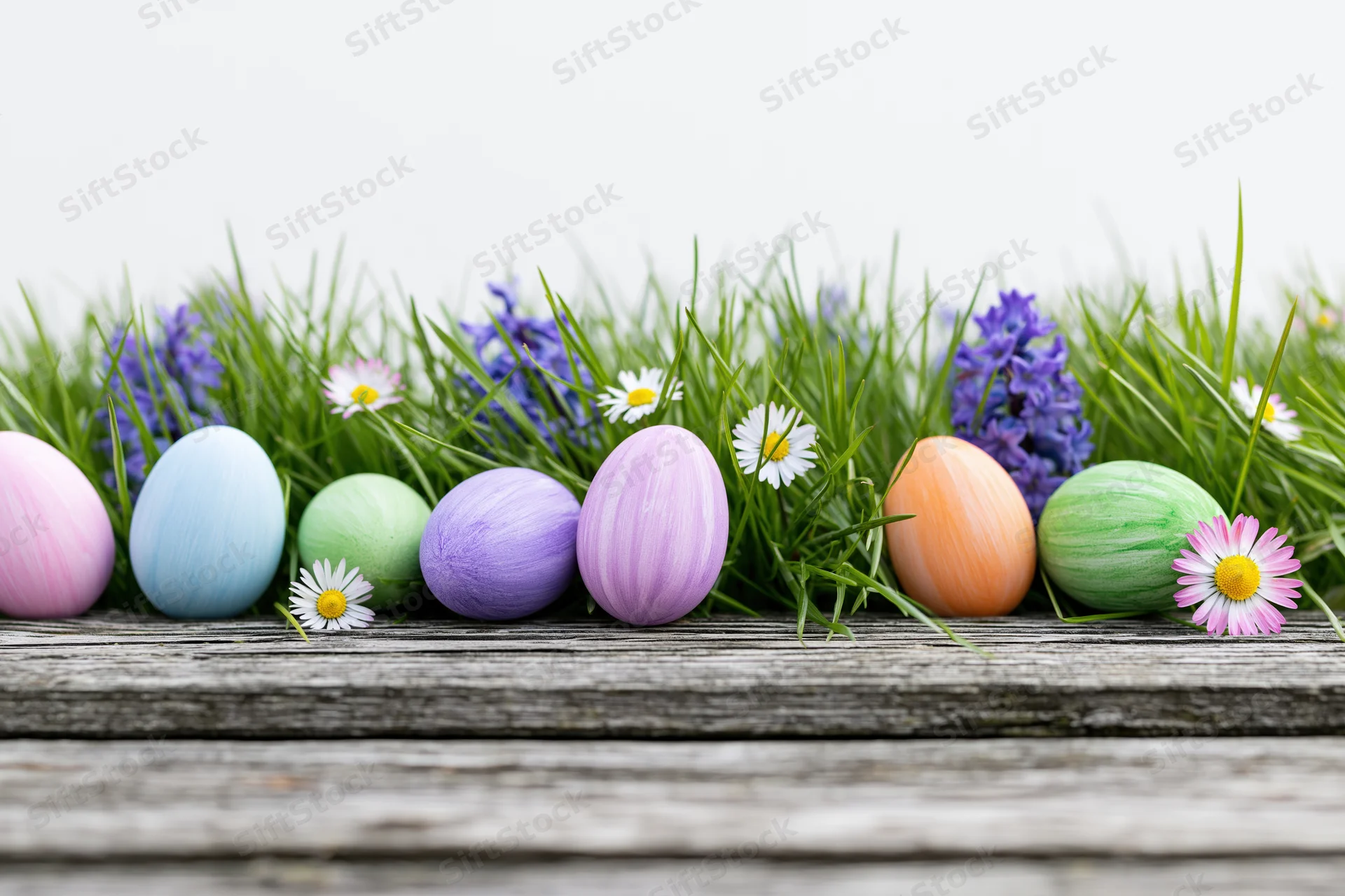Colorful painted easter eggs nestled in fresh green grass with flowers on a wooden table