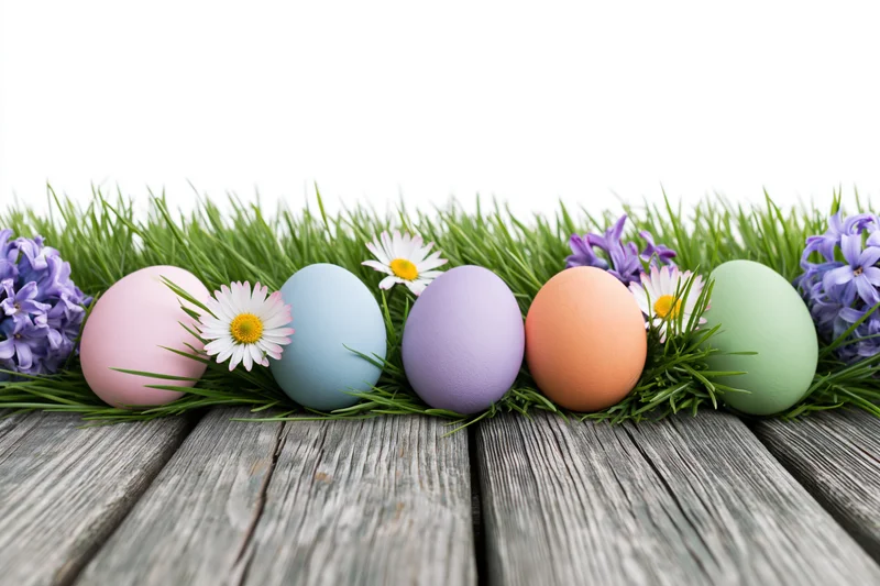 Colorful painted easter eggs arranged in grass with flowers on a wooden table