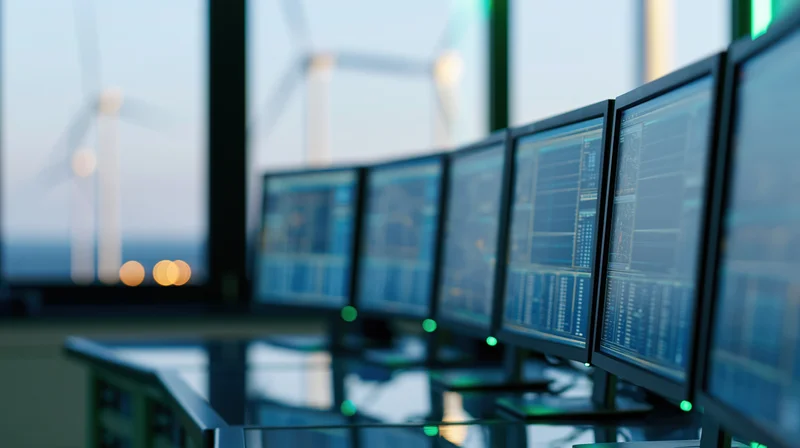 Row of monitors displaying energy grid data in a control room with wind turbines visible outside