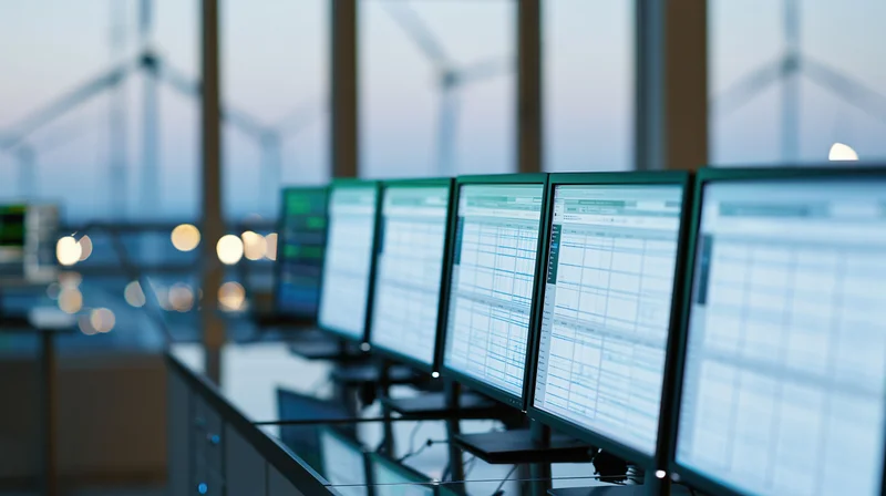 Row of monitors displaying energy grid data in a control room at evening