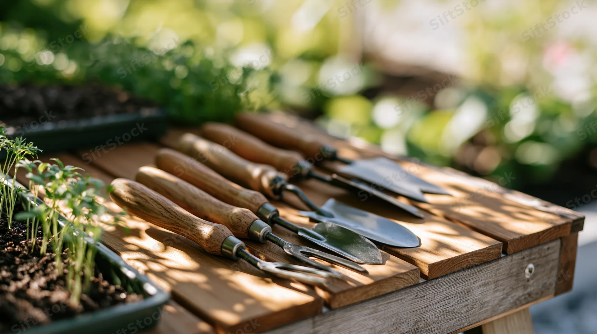Small hand gardening tools with wooden handles arranged on a wooden table beside seedlings in a garden setting
