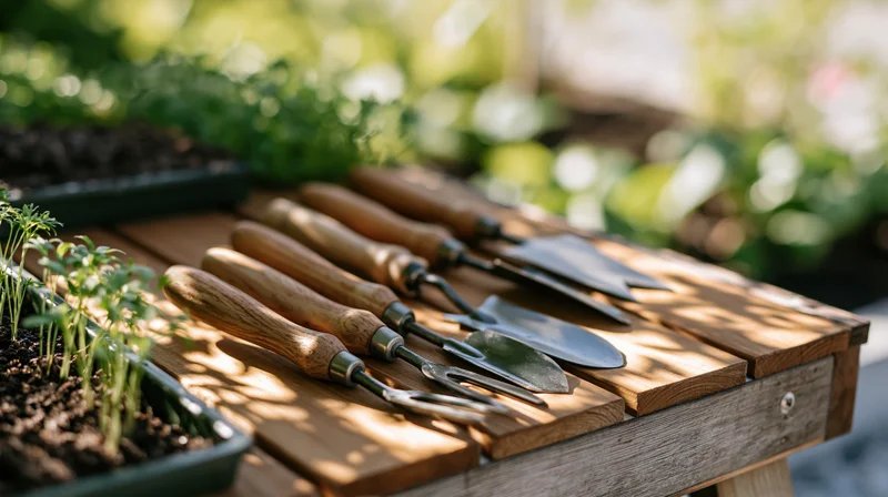 Small hand gardening tools with wooden handles arranged on a wooden table beside seedlings in a garden setting