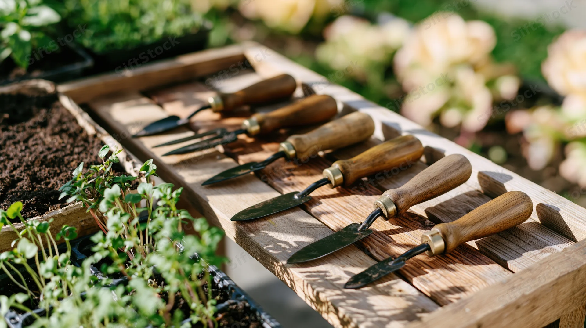 Small hand gardening tools with wooden handles arranged on a wooden tray beside seedlings and soil in a garden setting