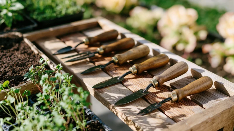 Small hand gardening tools with wooden handles arranged on a wooden tray beside seedlings and soil in a garden setting