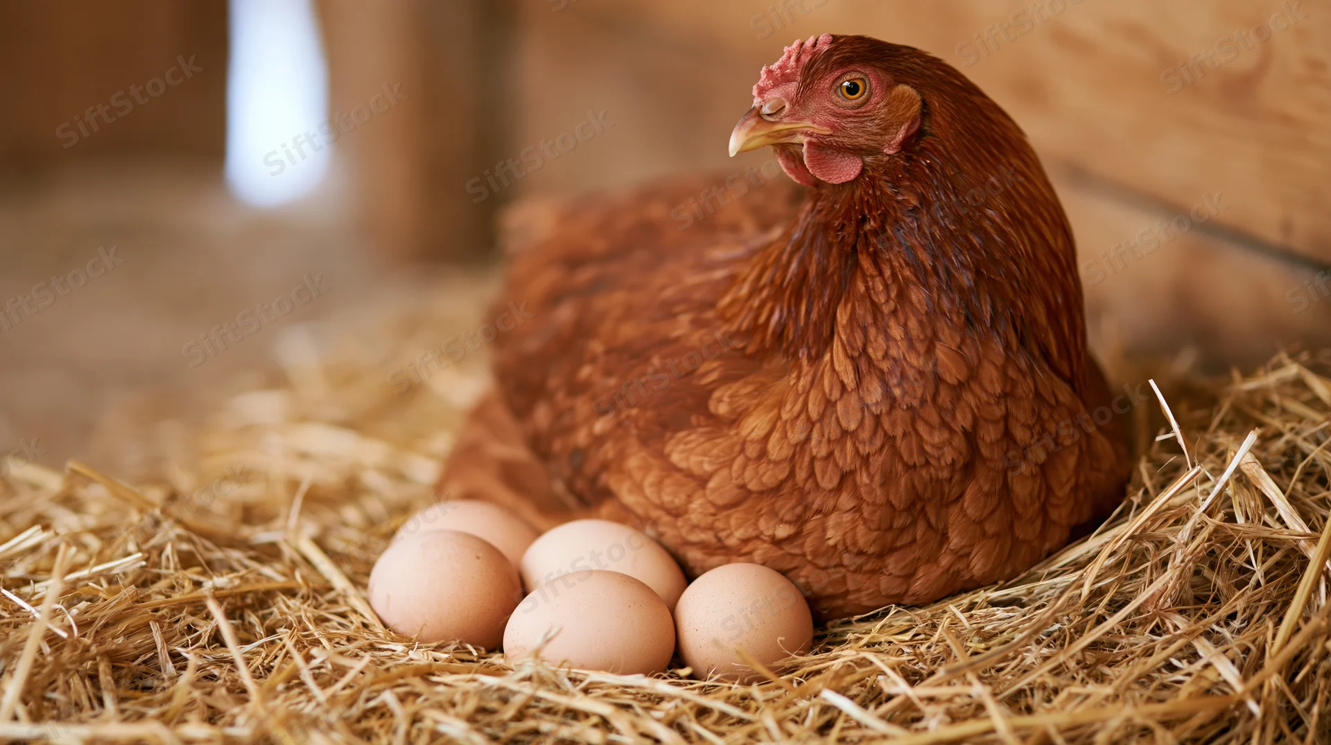 Rust-brown hen incubating four pale brown eggs in a straw nest inside a barn