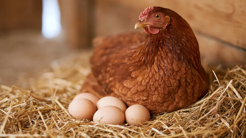 Rust-brown hen incubating four pale brown eggs in a straw nest inside a barn