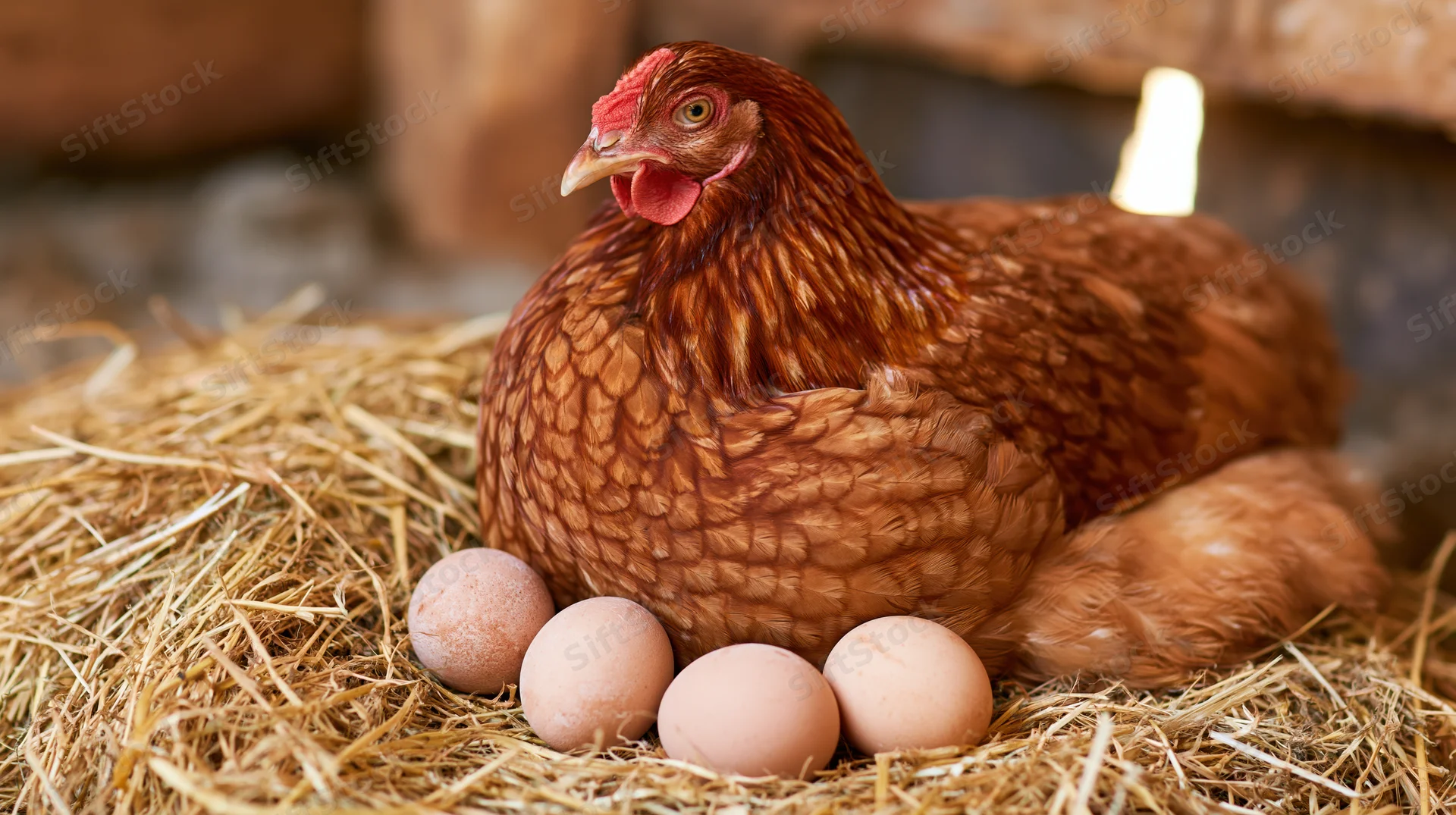 Rust-brown hen incubating four pale brown eggs in a straw nest on a farm