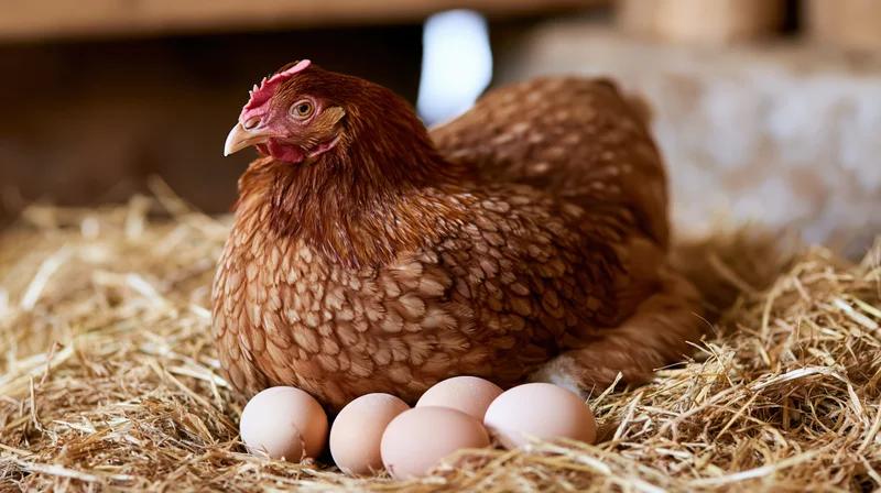 Rust-brown hen sitting on straw nest with four pale brown eggs in barn