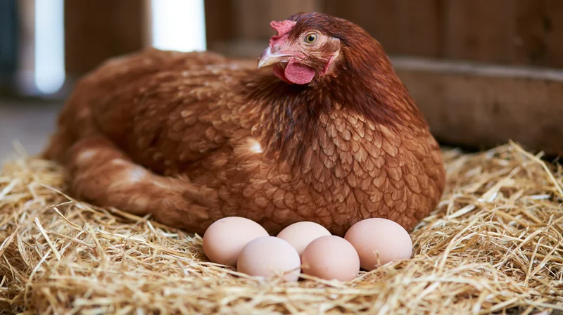 Broody hen resting on straw nest with eggs in barn