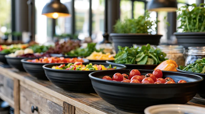 Black bowls filled with fresh vegetables arranged on a rustic wooden buffet table