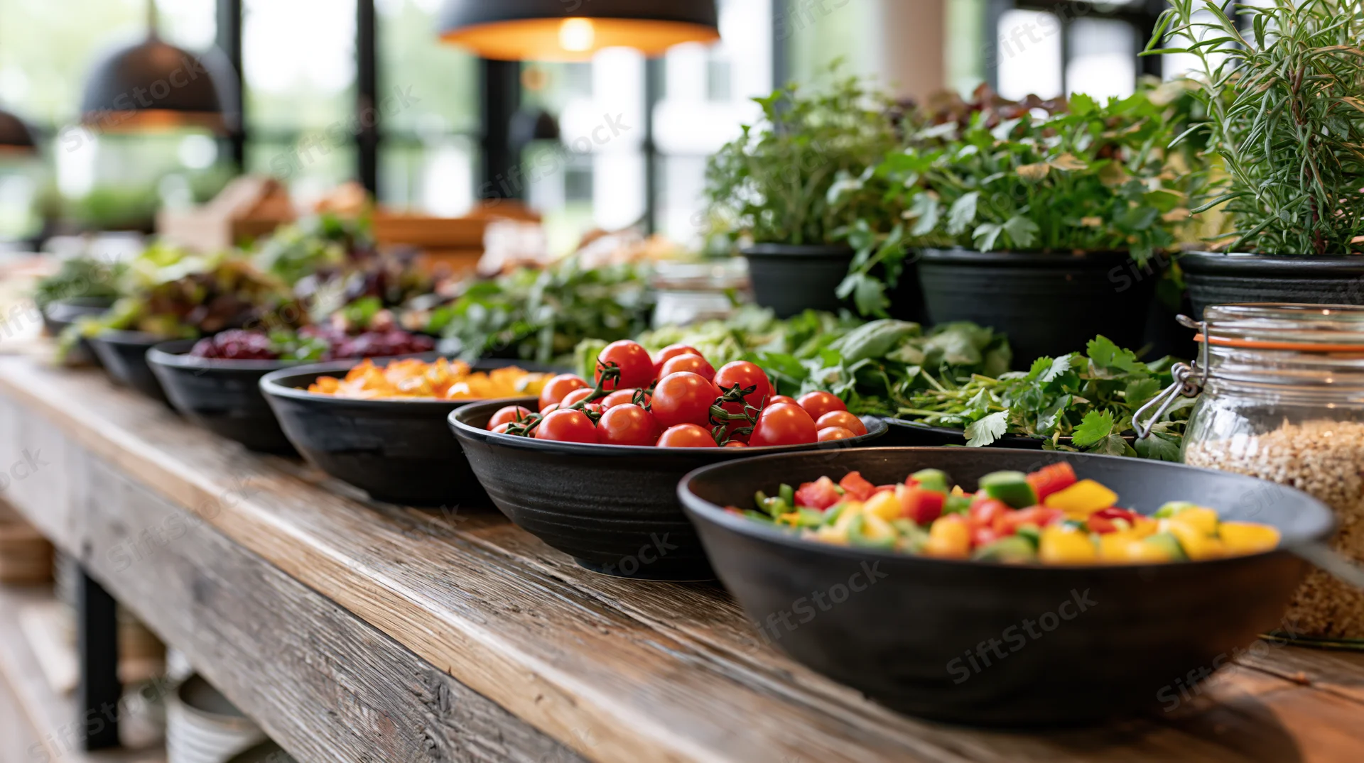 Black bowls of fresh vegetables and salads arranged on a rustic wooden buffet table