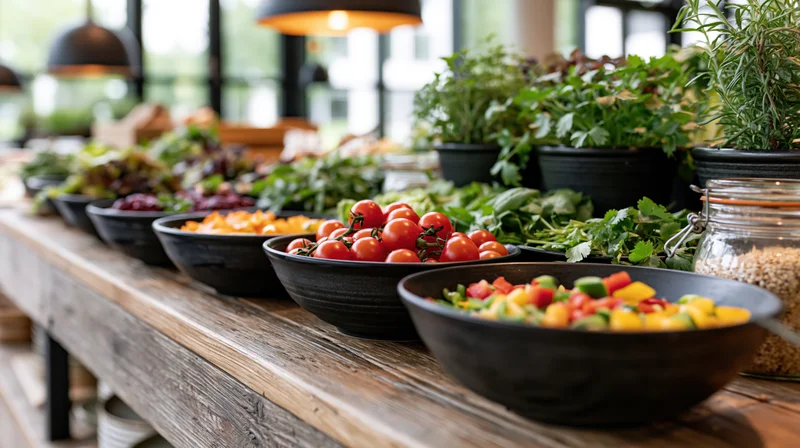 Black bowls of fresh vegetables and salads arranged on a rustic wooden buffet table