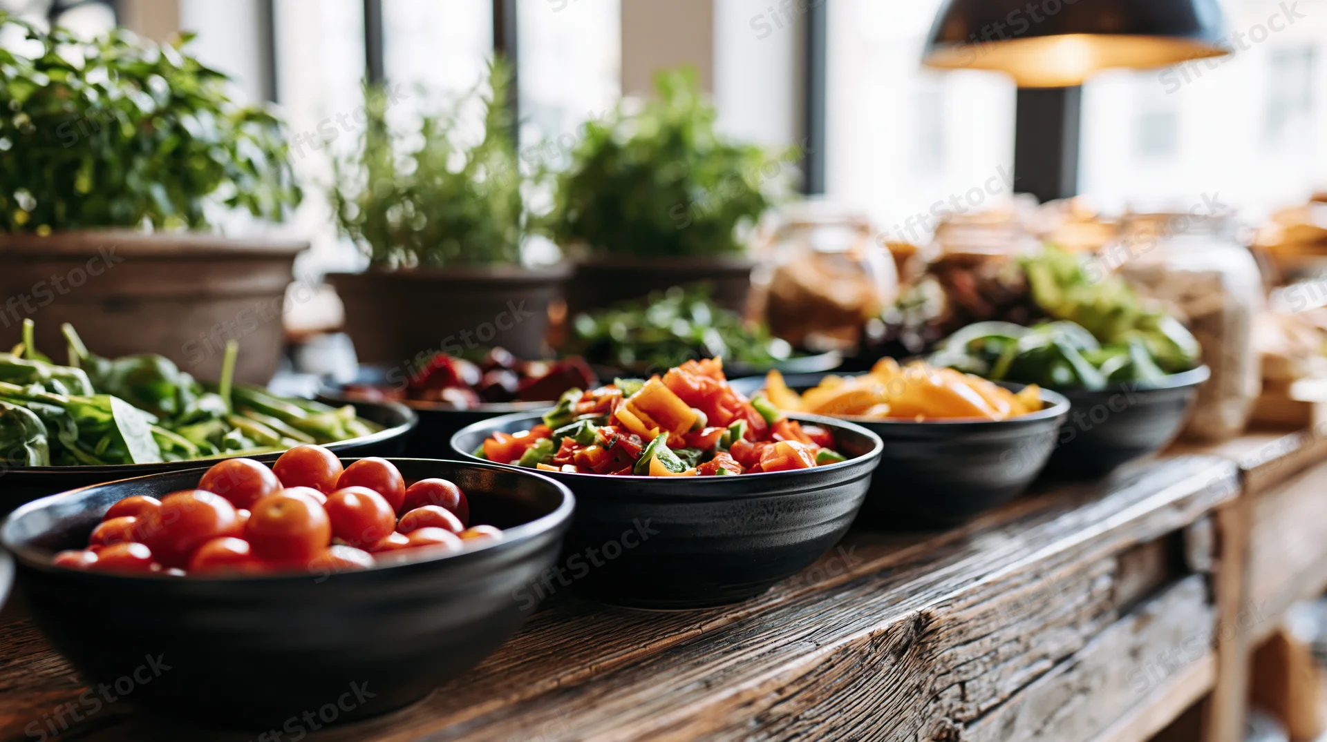Black bowls of fresh vegetables and salad arranged on a rustic wooden buffet table near a window