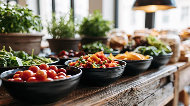 Black bowls of fresh vegetables and salad arranged on a rustic wooden buffet table near a window