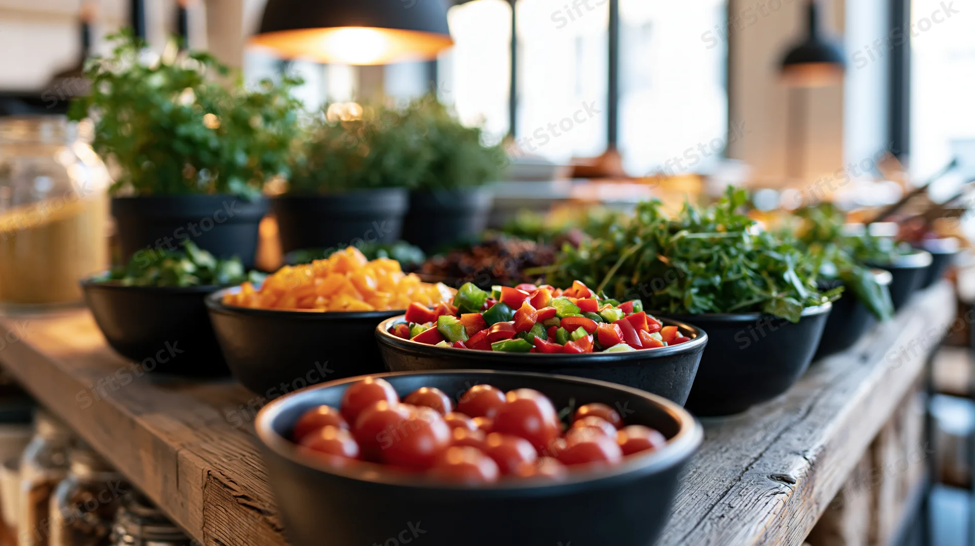 Rustic wooden buffet table with black bowls of fresh chopped vegetables and herbs arranged for serving