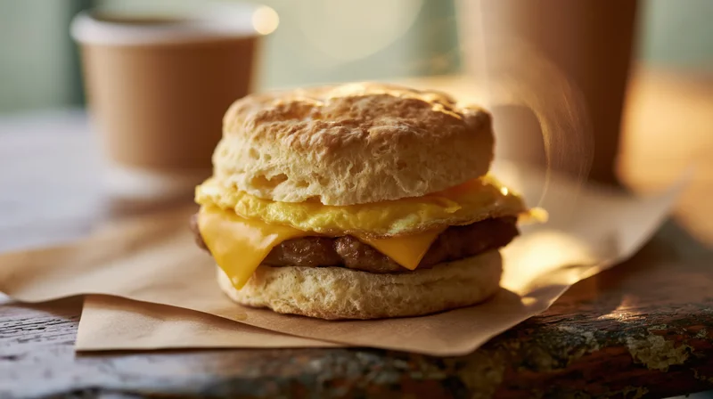 Sausage egg and cheese biscuit sandwich on brown paper on wooden table
