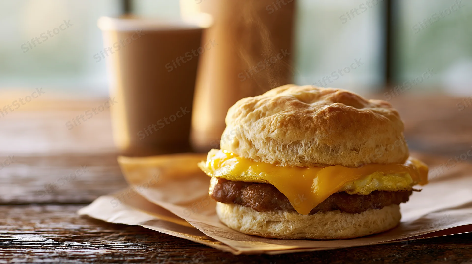Sausage egg and cheese biscuit sandwich on brown paper on wooden table with coffee cup in background