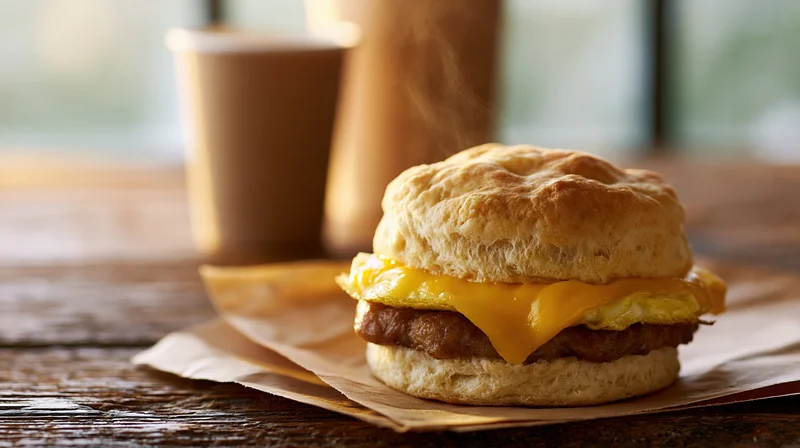 Sausage egg and cheese biscuit sandwich on brown paper on wooden table with coffee cup in background