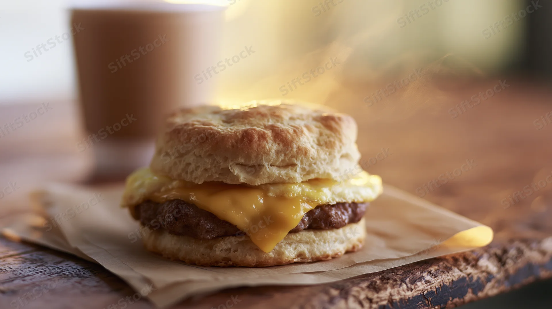 Steaming sausage egg and cheese biscuit sandwich on parchment paper with coffee cup on wooden table