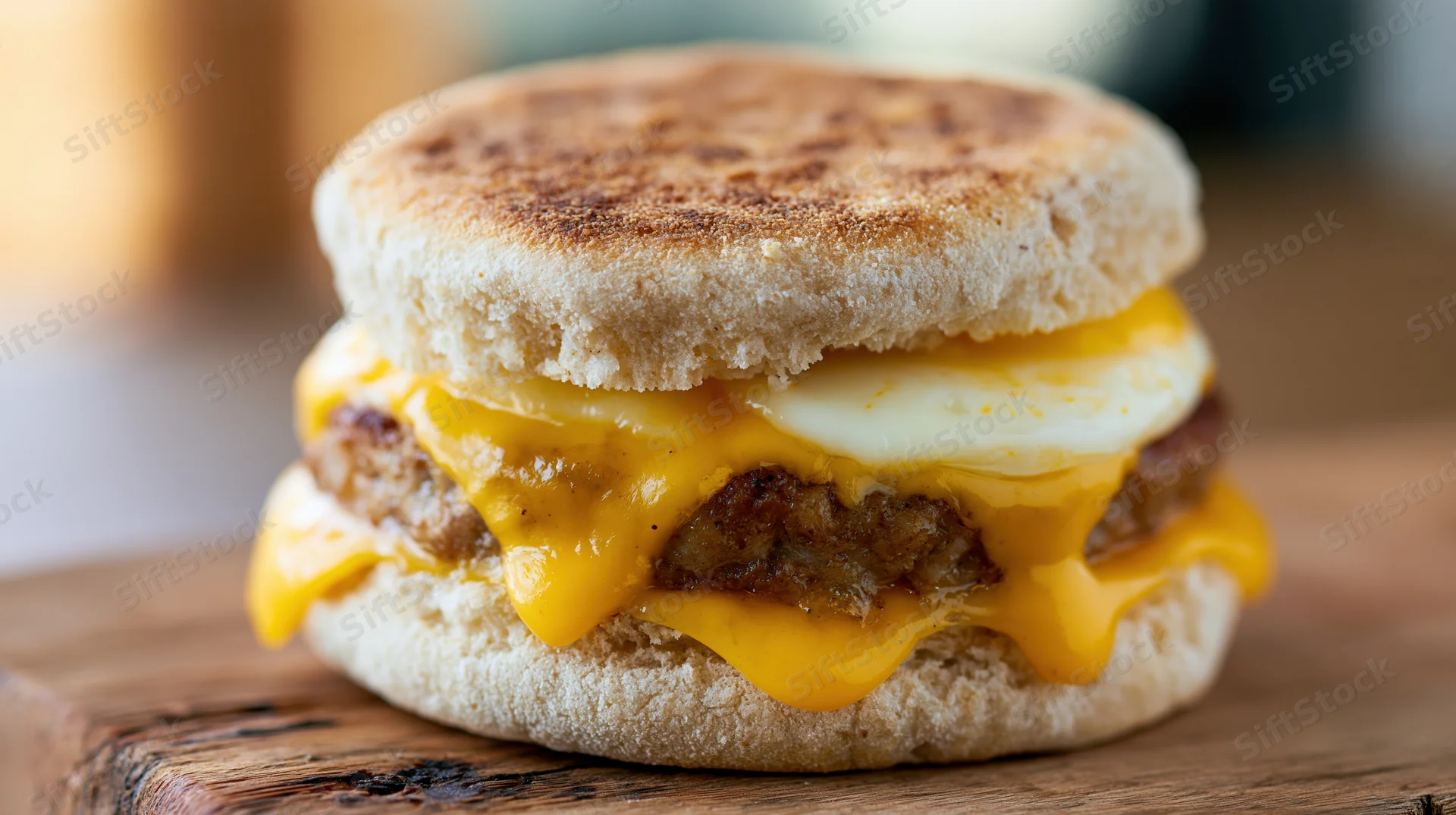 Sausage egg and cheese breakfast sandwich on a toasted english muffin resting on a wooden cutting board
