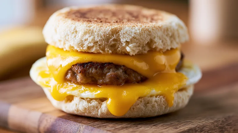 Sausage egg and cheese breakfast sandwich on a toasted english muffin on a wooden cutting board