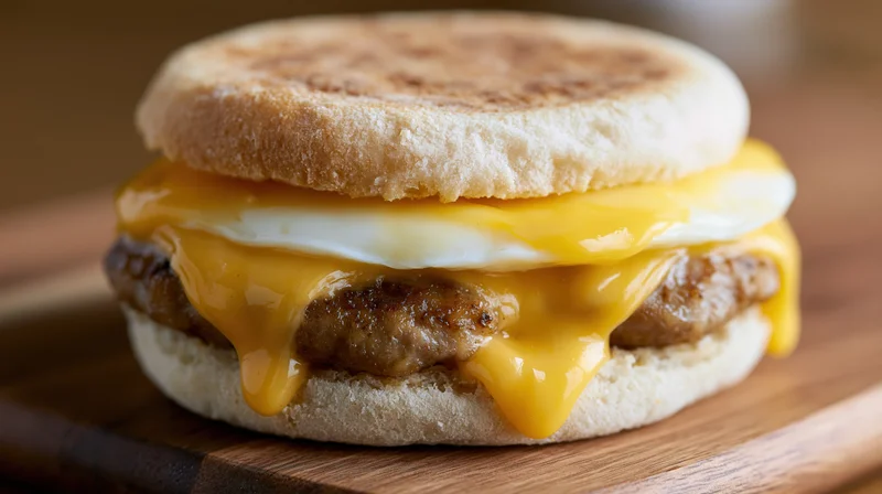 Sausage egg and cheese breakfast sandwich on a toasted english muffin resting on a wooden board