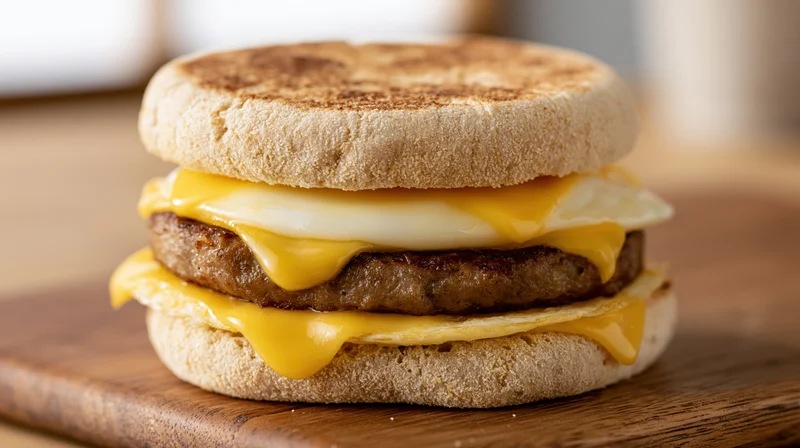 Sausage egg and cheese breakfast sandwich on a toasted english muffin on wooden board