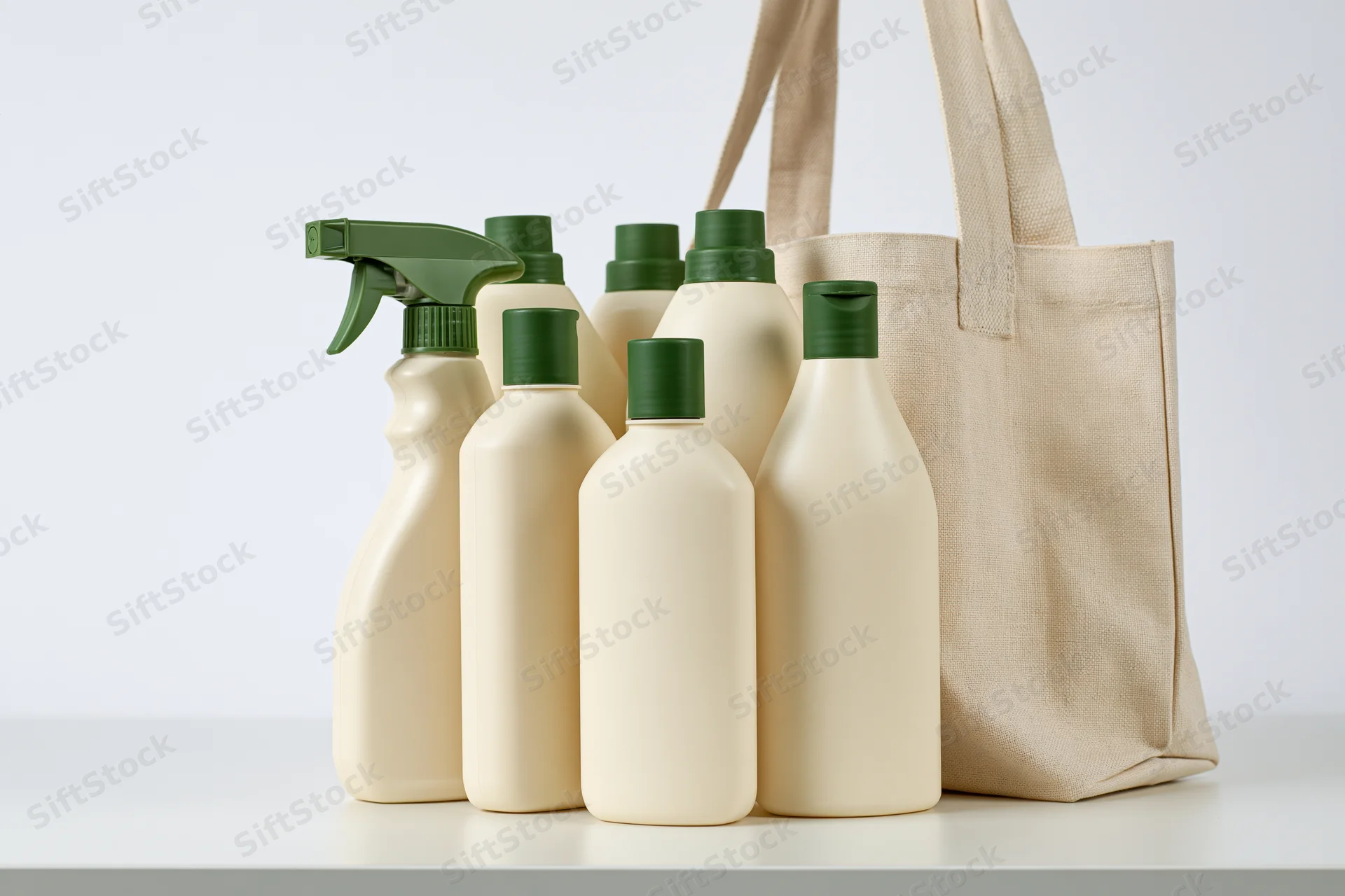 Beige plastic cleaning bottles with green caps arranged beside a canvas tote bag on a white surface
