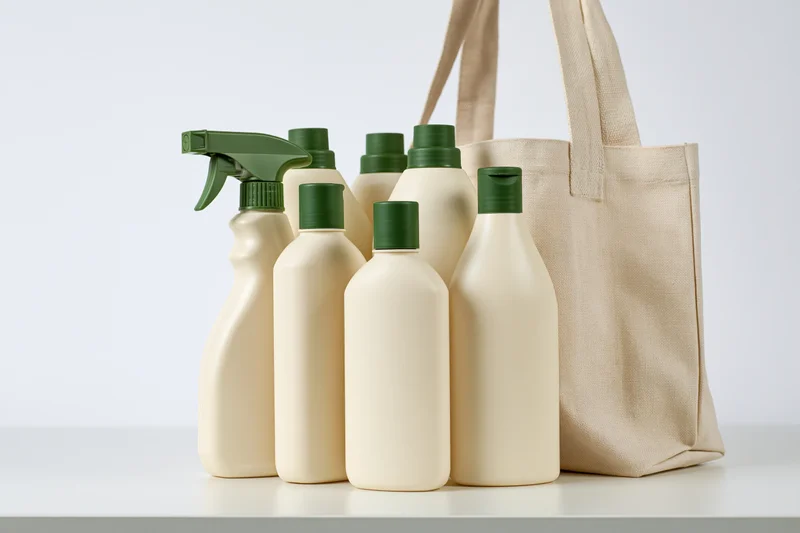 Beige plastic cleaning bottles with green caps arranged beside a canvas tote bag on a white surface