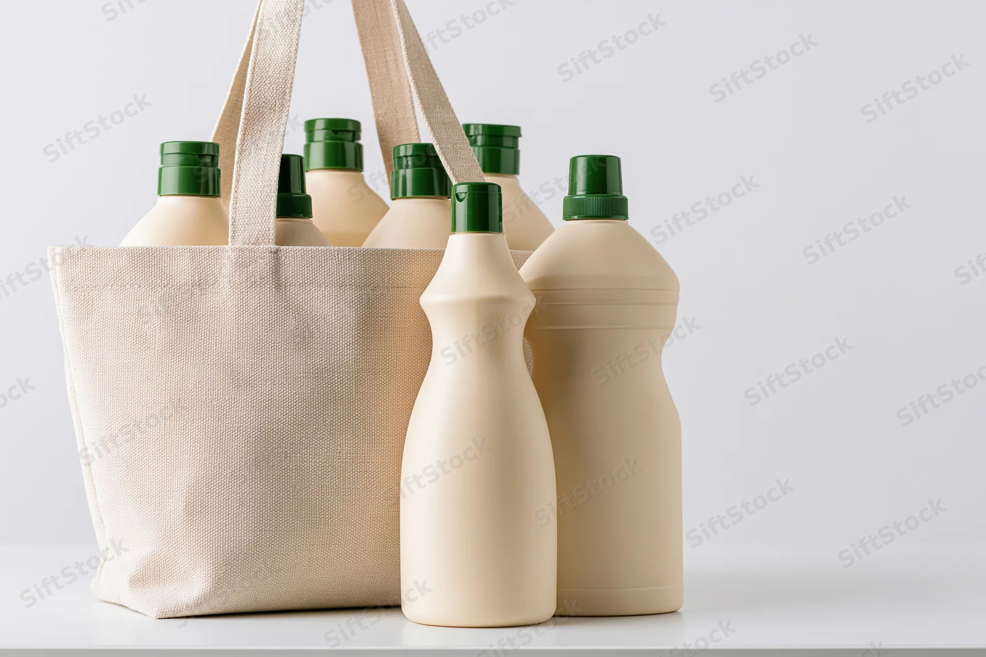 Beige plastic cleaning bottles with green caps in a canvas tote bag on white surface