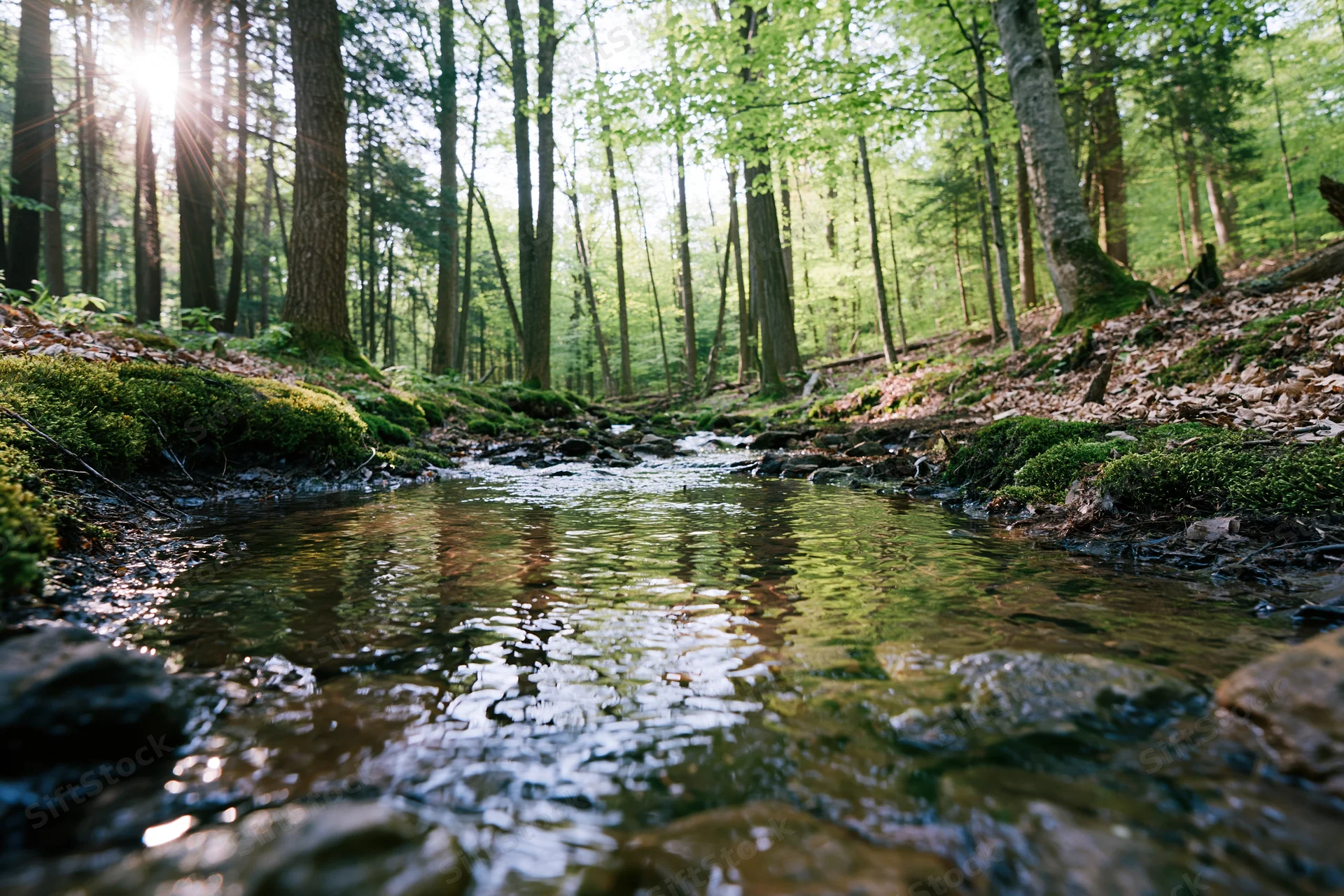 Shallow stream flowing through a forest of tall deciduous trees with sunlight filtering through the canopy
