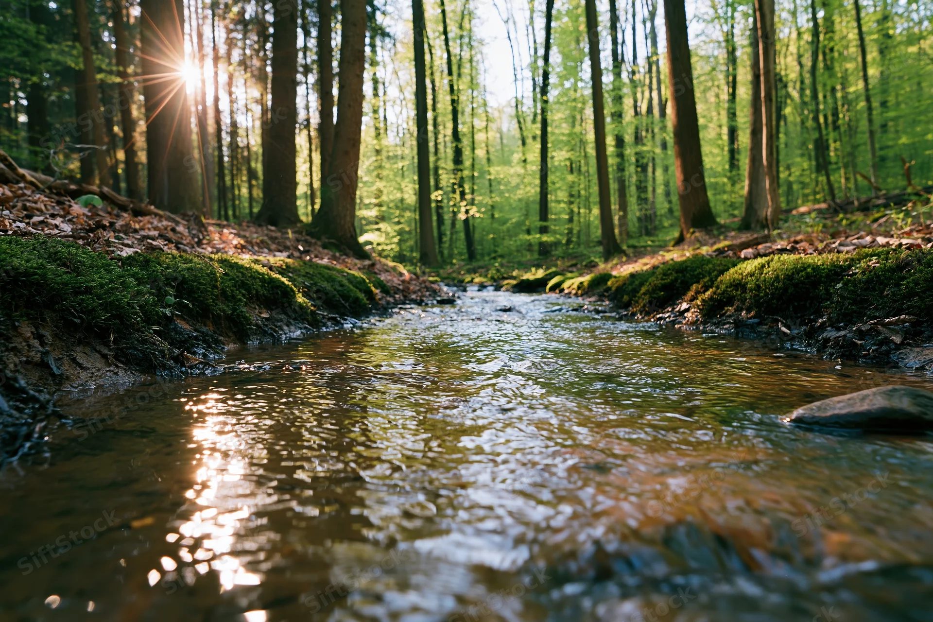 Shallow stream flowing through a forest with sunlight filtering through tall trees