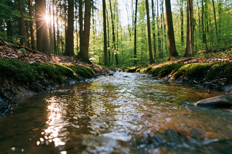 Shallow stream flowing through a forest with sunlight filtering through tall trees