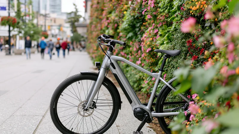Silver electric bicycle parked on urban sidewalk beside flowering green wall