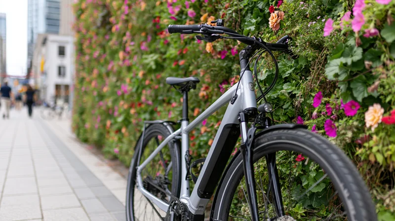Silver and black electric bicycle parked on urban sidewalk beside flowering hedge