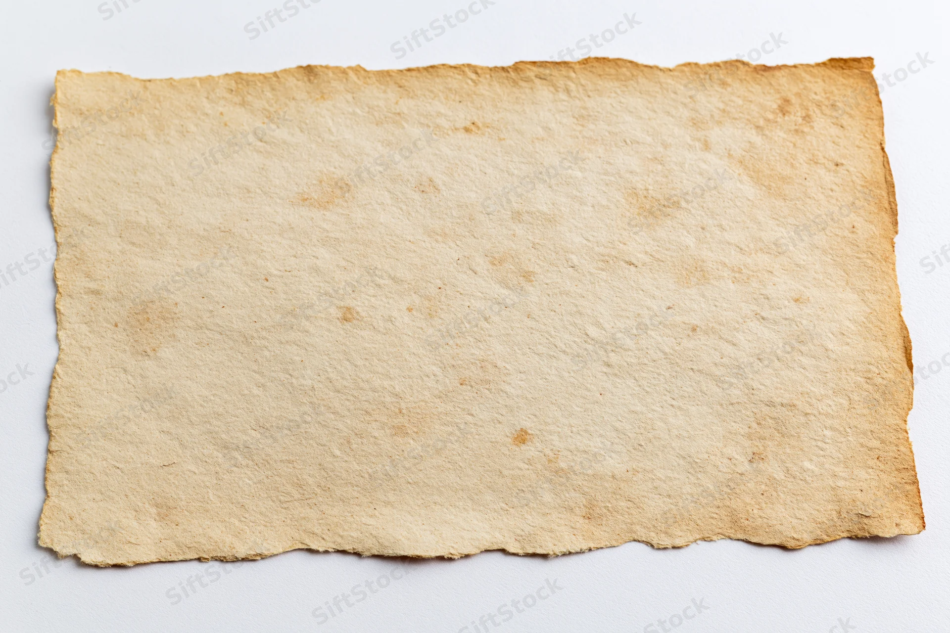 Aged blank paper card with deckled edges lying flat on white surface