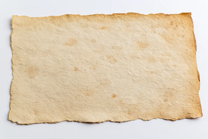 Aged blank paper card with deckled edges lying flat on white surface