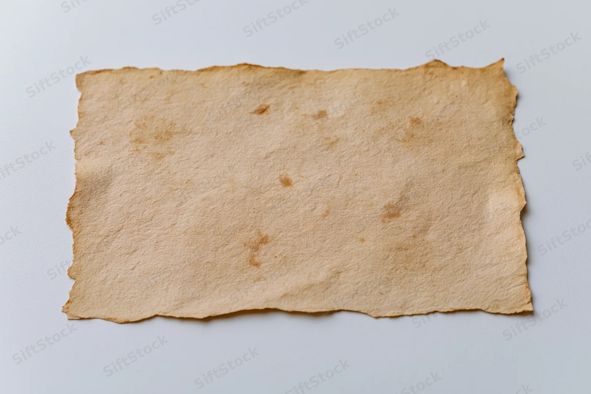 Aged blank paper card with deckled edges lying flat on white surface