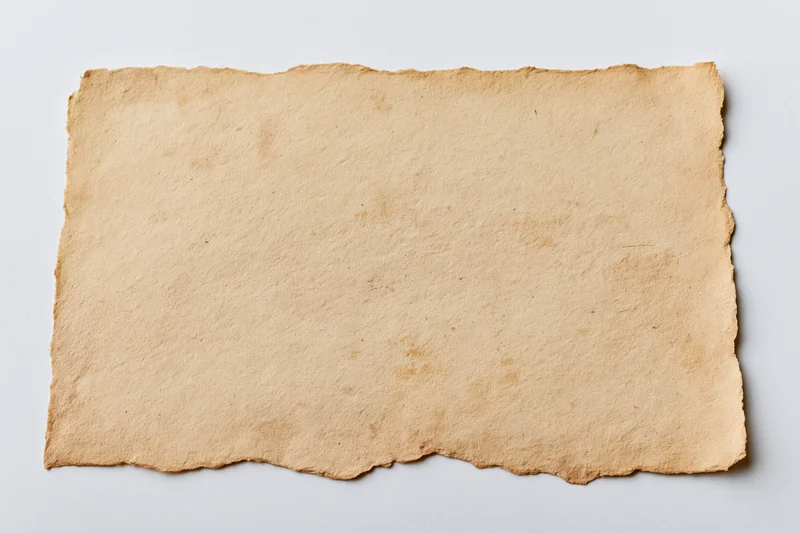 Aged blank paper card with deckled edges lying flat on white surface