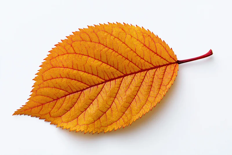 A single autumn leaf with orange and red veins lying flat on a white surface