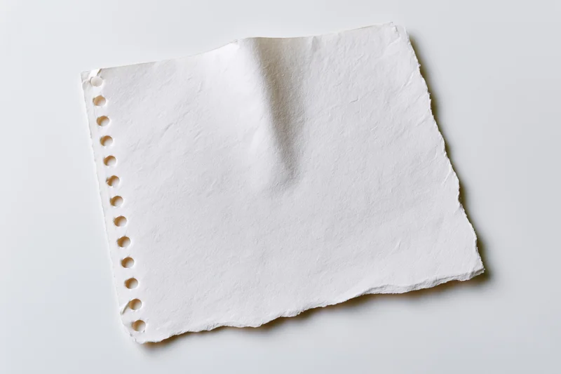 Torn blank notebook page with spiral binding holes lying flat on white surface