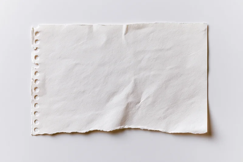 Torn blank notebook page with spiral binding lying flat on white surface