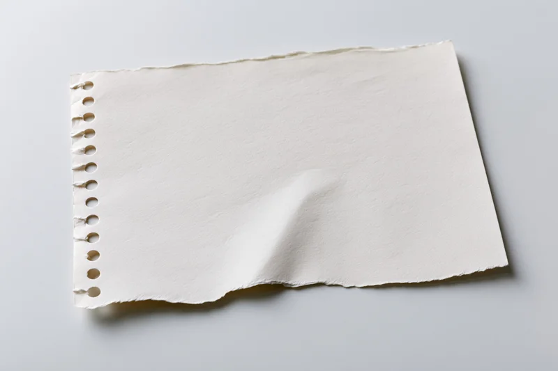 Torn blank notebook page with spiral binding lying flat on gray surface