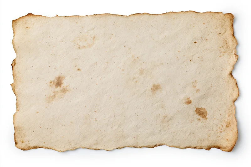 Aged paper with burnt edges lying flat on white background