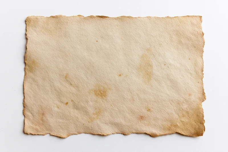 Vintage paper with torn edges lying flat on white background